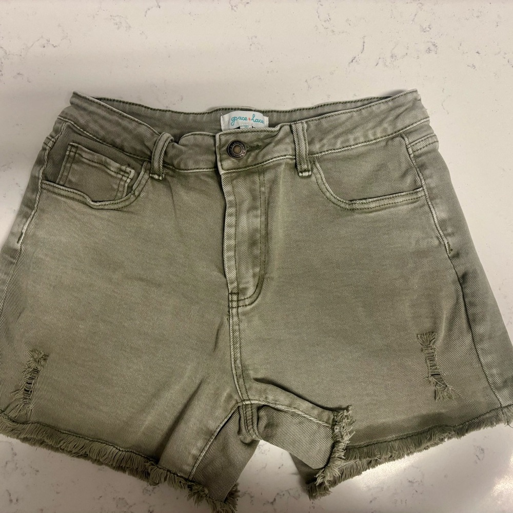 Grace & Lace Olive Green Frayed Hem Denim Shorts